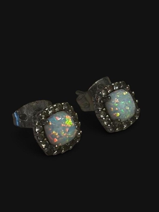 Zales Jewelry - 7.0mm 925 Sterling Silver Real Opal Square Stud Earrings with Crystal Setting